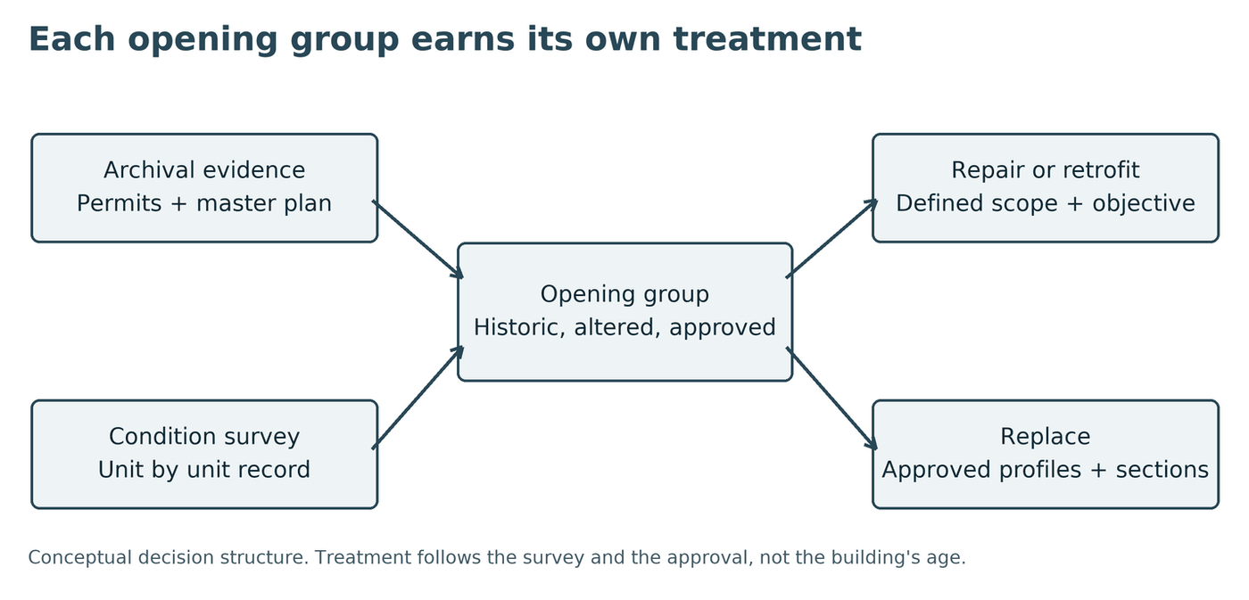 Decision diagram for landmark windows: archival evidence and condition survey feed each opening group, which leads to repair or retrofit, or to replacement with approved profiles