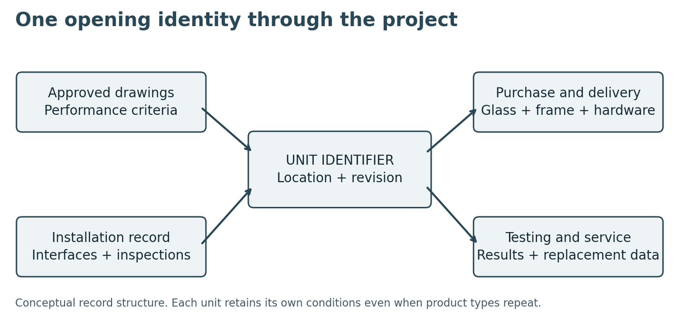 Diagram of a window unit identifier linking approved drawings, purchase and delivery, installation records and testing and service data for one opening
